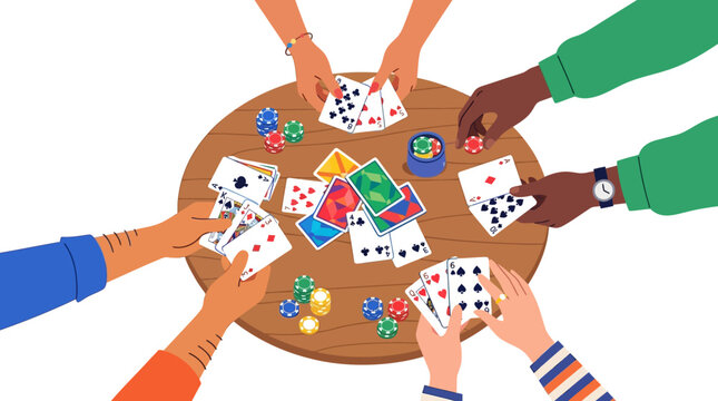Group of diverse people playing a card game around a wooden table