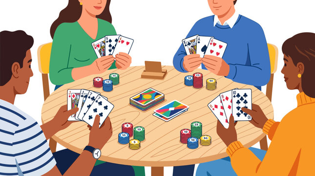 Group of people playing cards at a poker table with chips and colorful cards