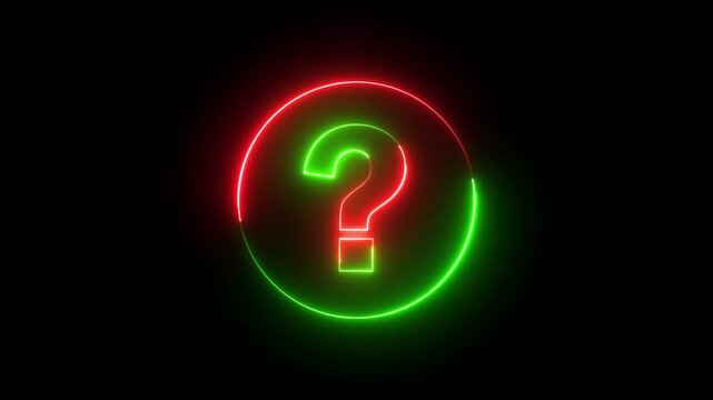 Glowing neon red and green color question mark sign icon animation quiz confusion mark sign punctuation interrogative sign education exam circle alphabet sign symbol on black background	