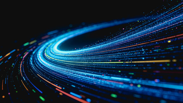 A dynamic abstract visual of curved glowing light streams and scattered digital particles, representing data flow and modern digital technology.