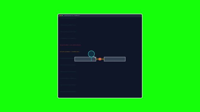 Concept animation of code debugging and search process with a magnifying glass scanning input fields on a green screen chroma key background.
