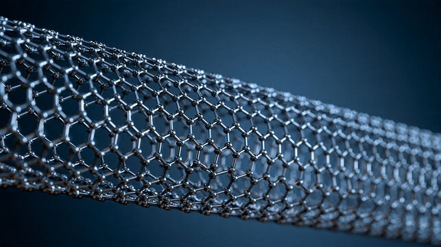 A 3D render of a metallic carbon nanotube structure glowing in blue light. Ideal for nanotechnology research and scientific innovation concepts.