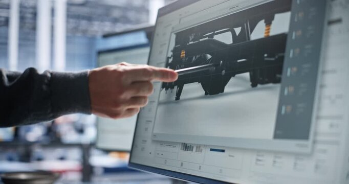RD Engineer Performs Digital Design Inspection of Robotic Machinery on Interactive Display, Using Stylus to Highlight Components, Review Specifications, and Coordinate Mechanical and Control Work.