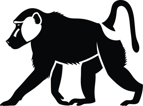 Stylized baboon animal silhouette vector graphic design featuring a bold black and white shape that represents a primate walking in a clean minimalist art style isolated on white background