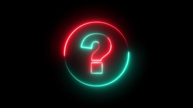 Glowing neon red and cyan color question mark sign icon animation quiz confusion mark sign punctuation interrogative sign education exam circle alphabet sign symbol on black background	