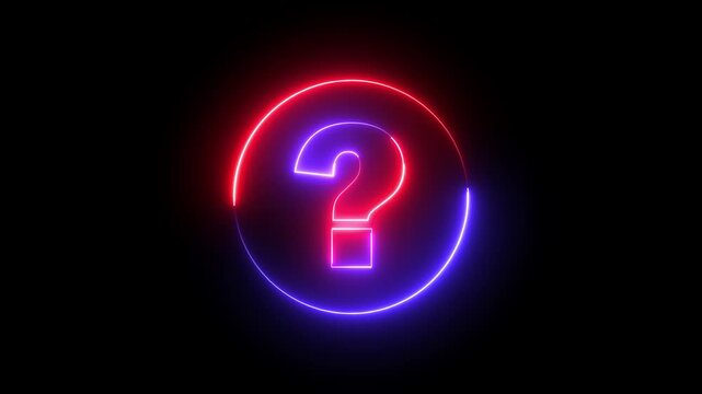 Glowing neon red and blue color question mark sign icon animation quiz confusion mark sign punctuation interrogative sign education exam circle alphabet sign symbol on black background	