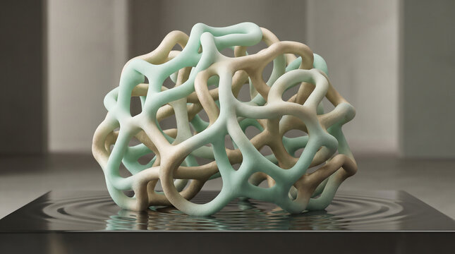 Intricate abstract sculpture composed of interwoven light blue and beige ribbons