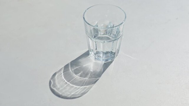 Person placing glass of clean water on table in sunlight