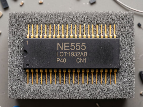 Top view of ne555 dual inline integrated circuit featuring gold leads on protective foam.