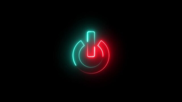 Glowing neon red and cyan color power button switch icon animation technology shutdown screen turn on off button stop startup computer and mobile phone electric futuristic on black background	