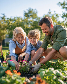 Family planting flowers and herbs together in spring garden