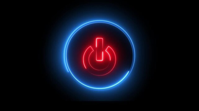 Glowing neon red and blue color power button switch icon animation technology shutdown screen turn on off button stop startup computer and mobile phone electric futuristic on black background	