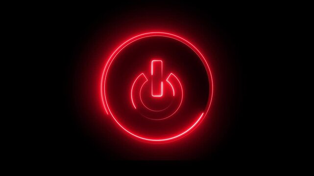 Glowing neon red color power button switch icon animation technology shutdown screen turn on off button stop startup computer and mobile phone electric futuristic on black background	
