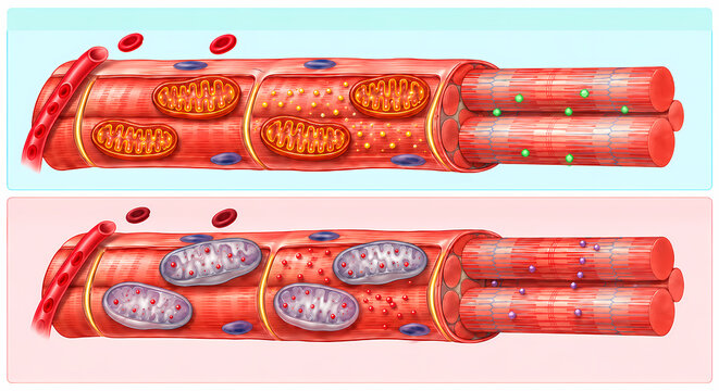 Comparison Chart of Normal and Fatigued Muscle Fiber Cross Section with Mitochondria