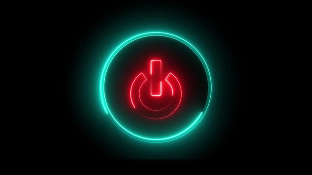 Glowing neon red and cyan color power button switch icon animation technology shutdown screen turn on off button stop startup computer and mobile phone electric futuristic on black background	
