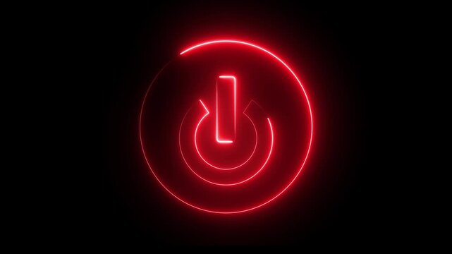 Glowing neon red color power button switch icon animation technology shutdown screen turn on off button stop startup computer and mobile phone electric futuristic on black background	
