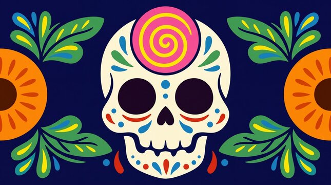 Simple skull illustration decorated with colorful flowers and leaves. Festive Day of the Dead calavera design, perfect for Dia de los Muertos, Halloween, and Mexican cultural artwork. High