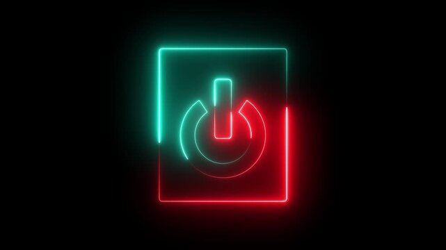 Glowing neon red and cyan color power button switch icon animation technology shutdown screen turn on off button stop startup computer and mobile phone electric futuristic on black background	