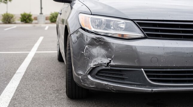 Close up of damaged grey car front bumper with visible scratches, cracks and dent after accident or collision parked in outdoor parking lot during daytime for insurance claim.