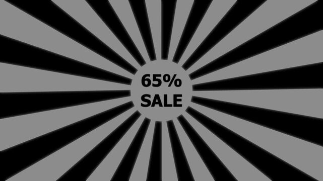Comic retro background. Sunburst, radial, sunlight, 65,SALE ,circus, stripe background rotation Fantastic tunnel, .Abstract tunnel .Wallpaper with black and white shapes.4k animation motion video.