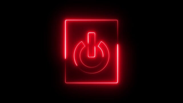 Glowing neon red color power button switch icon animation technology shutdown screen turn on off button stop startup computer and mobile phone electric futuristic on black background	