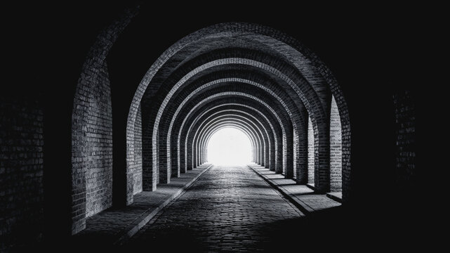 A monochrome view of a brick tunnel with repeating arches, leading to bright light at its far end.