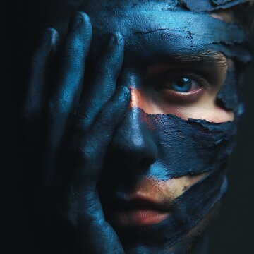 A close-up portrait of a person with blue paint cracked and peeling on their face and hand, highlighting one striking blue eye.