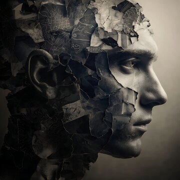 A surreal portrait of a man's face fragmented into cracked, map-like pieces, blending human features with abstract, textured elements in monochrome tones.