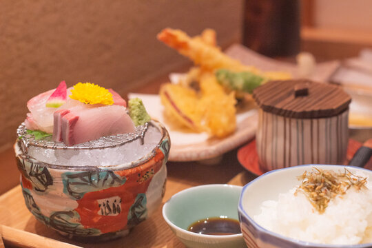 Top down view of Japanese amberjack or hamachi or yellowtail sashimi on ice - Japanese cuisine. Kumamoto, Kyushu, Japan