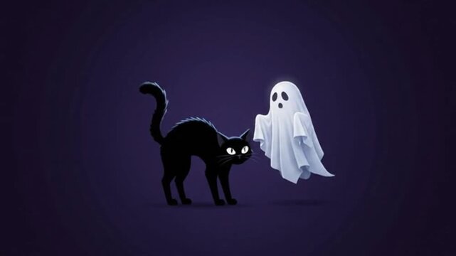 A stylized 3D composition featuring a spooky white ghost floating beside a startled black cat with arched back on a dark purple background representing a fun and whimsical Halloween celebration theme