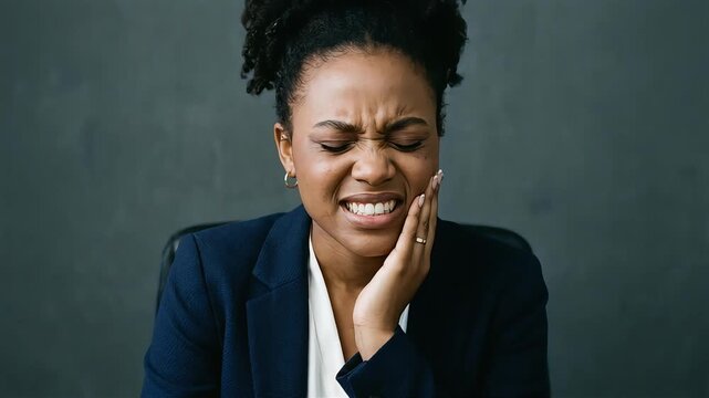 A businesswoman clutches her cheek in agony from a toothache.