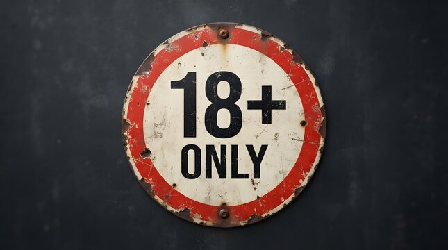 Vintage round 18 plus only warning sign with weathered texture on dark background