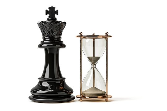 A black chess king piece standing next to a golden hourglass isolated on white background