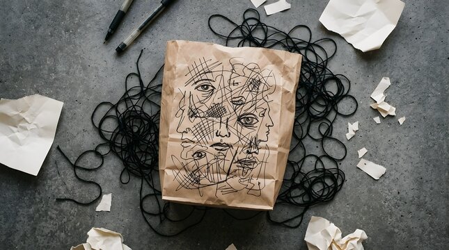 Mental Health Concept Representing Anxiety, Confusion and Chaotic Thoughts with Hand Drawn Faces on Paper Bag and Tangled String.