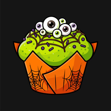Halloween Eyeball Cupcake Vector Illustration with Green Frosting and Biscuits