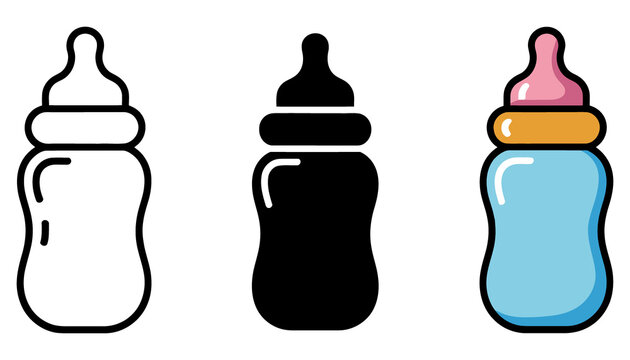 Three baby bottles one outlined one solid black one colored blue and pink