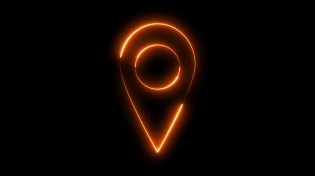 Glowing neon orange color location map sign icon animation position tracking direction address mobile, tags, travel, journey place navigation target, point, marker icon sign symbol on black background
