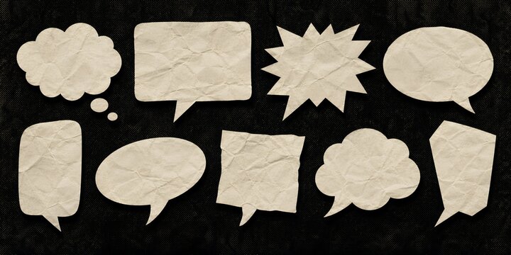 Vintage Crumpled Paper Speech Bubbles and Thought Clouds Set