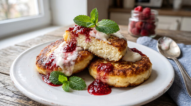 Hyper Realistic 9K Diagonal Angle Close Up Ukrainian Syrnyky Cottage Cheese Pancakes with Raspberry Sauce Food Photography