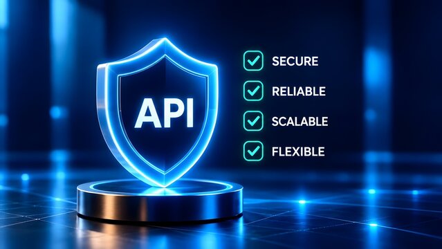 Secure API integration concept with glowing blue shield and checkmarks for reliable scalable and flexible performance