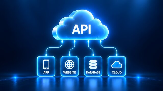 Cloud API concept connecting mobile app website database and external cloud services via glowing blue digital lines