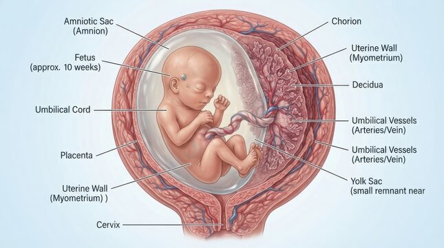 Fetus development inside uterus with labeled anatomy illustration