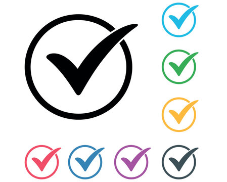 Check mark icon set in circle symbol for success, approved, and correct choice verification.