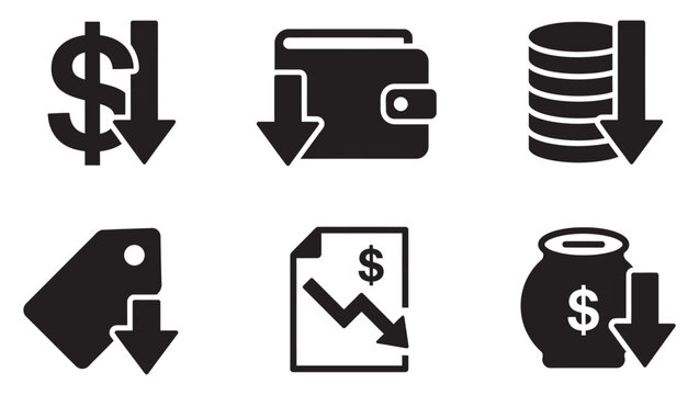 Cost reduction and saving icon set featuring dollar sign, wallet, coin stack, price tag, invoice graph, and money pot in black vector style.