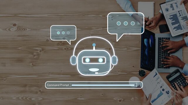 A sleek illustration showcasing a chatbot with thought bubbles and a command prompt, set on a stylish wooden desk surrounded by essential business materials. Raster