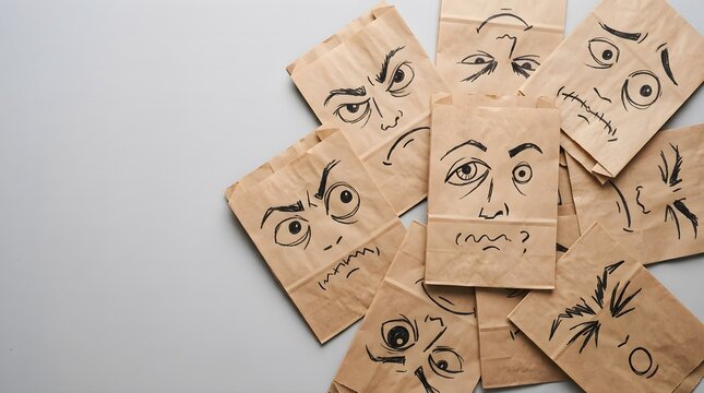 Brown Paper Bags with Hand-Drawn Emotional and Anxious Faces on Grey Background.