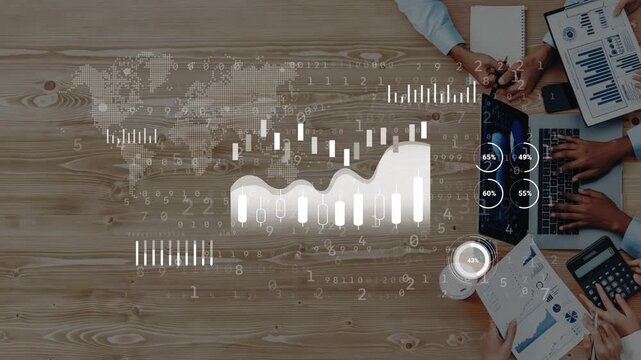 Business Team Working Together on Data Analysis with Charts and Graphs, Multi-Device Setup on Wooden Table, Digital Interface Concept. Entropy.