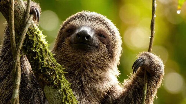 Close-up of a two-toed sloth hanging from a mossy tree branch in a lush, green rainforest with bokeh background.