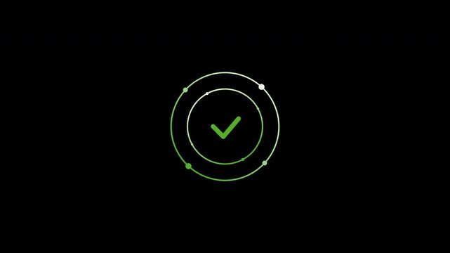 Green checkmark glows softly against black background. Circular trail emphasizes approval or success. Minimalist design evokes clarity and confidence
