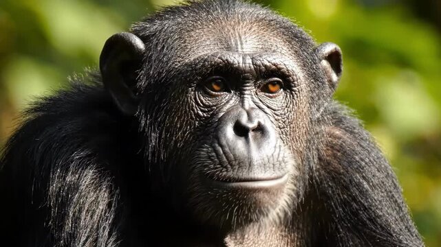 Close-up Portrait of a Chimpanzee's Face, Showing Detailed Fur, Wrinkles, and Expressive Eyes in Natural Light
